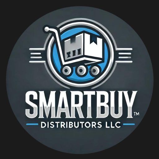 SmartBuy Distrubtors LLC logo includes the business name with a push cart with a large box inside of a circle.