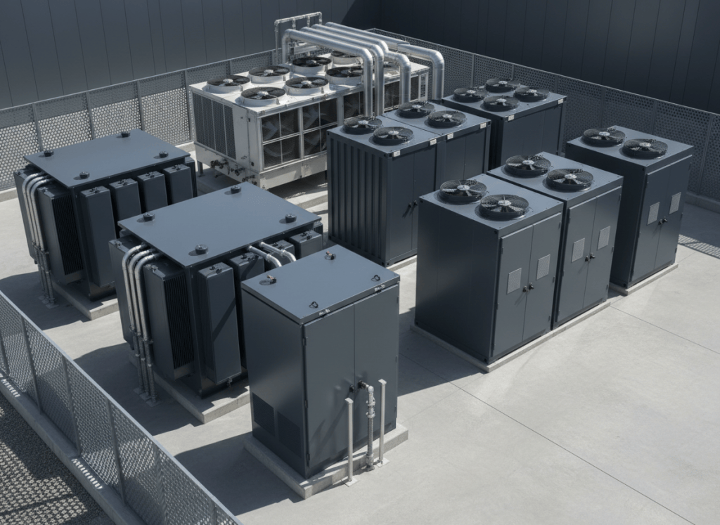 Mission-critical data-center power and cooling infrastructure including transformers, generators and switchgear